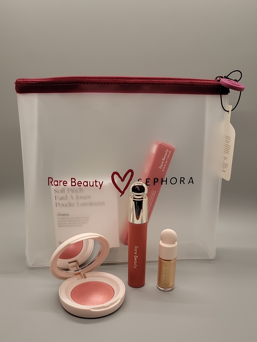Rare Beauty X Sephora -- Soft Pinch Powder Blush, Tinted Lip Oil, Luminizer, Bag